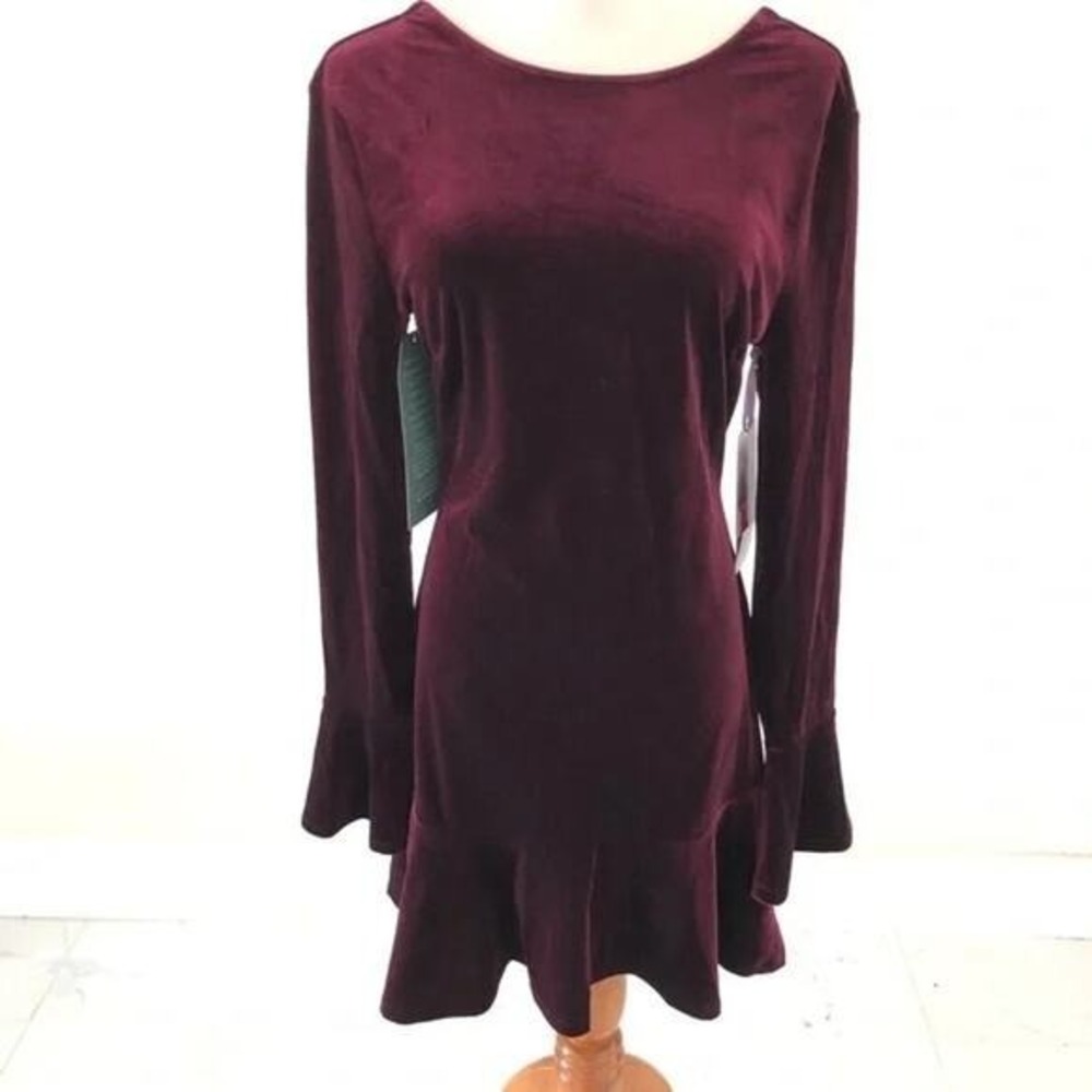 Johnny‎ Wujek Juniors Dress Burgundy Velvet Long Sleeve Cut Back Bow - NWOT